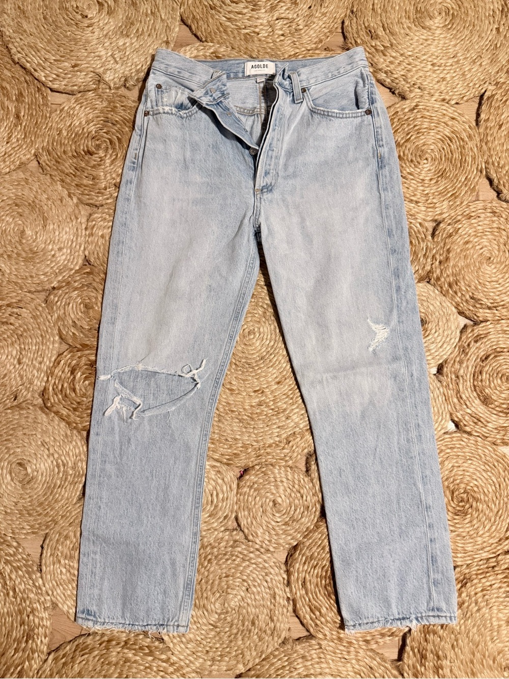 Agolde Light Wash Straight Jeans with Knee Distress